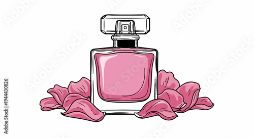Elegant pink perfume bottle nestled among delicate pink flower petals