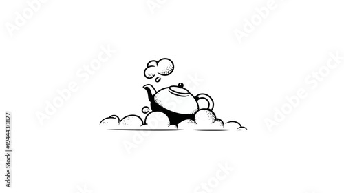 A black and white illustration of a teapot in clouds, with steam rising above it