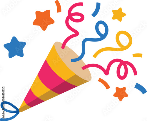 A cartoon illustration of a party popper on a white background. 
