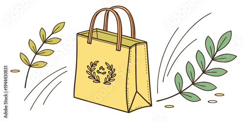 Yellow shopping bag with handles and leaf line simple minimalistic