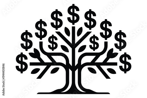 Money tree symbol. Growing dollar sign tree. Financial growth and investment concept. Economic prosperity and wealth