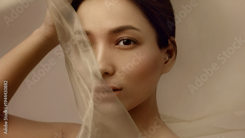 Obraz na plátne Elegant beauty portrait of Korean woman partially covered by translucent beige silk fabric symbolizing softness and modern luxury aesthetics for cosmetics advertising and beauty campaigns