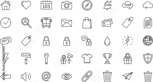 Universal interface line icons, web app symbols collection, minimal outline vector set, navigation communication system elements modern design pack