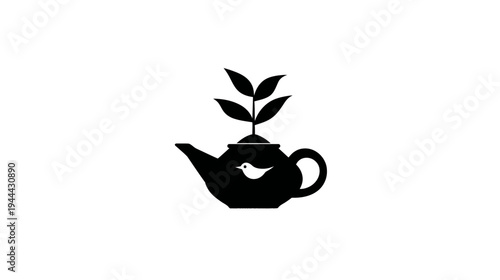 A monochrome illustration of a teapot sprouting a plant, with a bird on its side