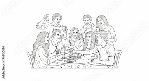 Friends clinking glasses and laughing around a table with snacks
