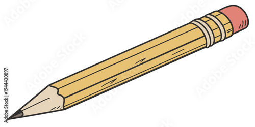 Cartoon yellow pencil with pink eraser and white background