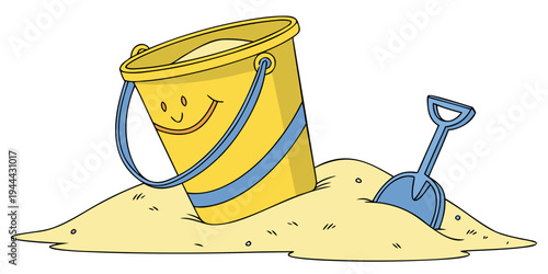 Yellow bucket with blue handle and shovel in sand