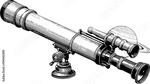 Detailed black and white drawing of a classic refracting telescope, alongside a planet