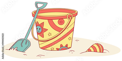 Yellow beach bucket with red stripes and blue shovel on sand