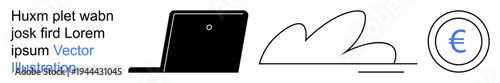 Digital finance, cloud computing, online transactions, remote work, currency exchange, global technology. Black laptop, cloud icon Euro coin. Digital finance and cloud computing