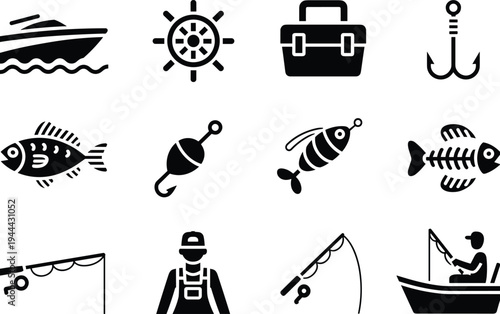 Fishing and boating icons set including boat, anchor, fish, hook, rod and tackle box silhouettes for marine sport, angling equipment and nautical activity design