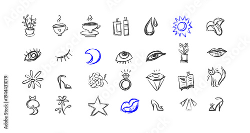 Lifestyle hand drawn icon set. Cute pencil sketches of coffee, eye, moon, flowers, cosmetics and cat. Messy doodle scribble elements pack for feminine branding, beauty blog, planner and scrapbooking.