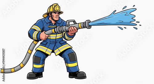 A firefighter spraying water from a hose in a dynamic pose