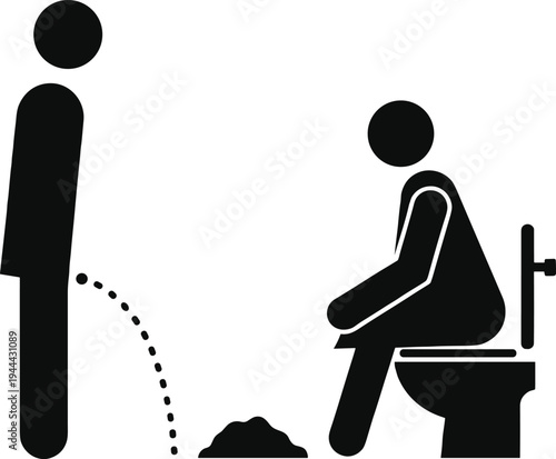 Minimalist black and white pictogram illustration of human figures in bathroom setting, humorous concept showing urination and defecation, simple design for educational or comic use
