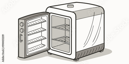 Small empty refrigerator with open door on white background small fridge empty fridge