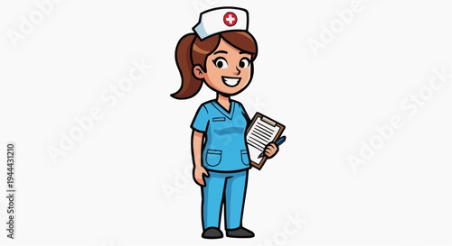A vector illustration of a smiling nurse, dressed in a blue uniform, holding a clipboard