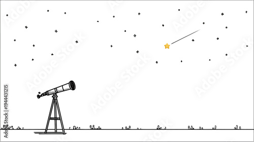 A cartoon drawing depicts a telescope observing a star field with a shooting star, with grass