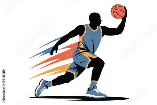 Silhouette of basketball player dribbling ball while running forward with speed lines