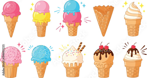 Colorful cartoon ice cream cone collection with different flavors, sprinkles, chocolate topping and waffle cones, cute summer dessert vector illustration set