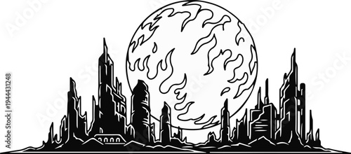 Futuristic cityscape with a fiery planet dominating the sky