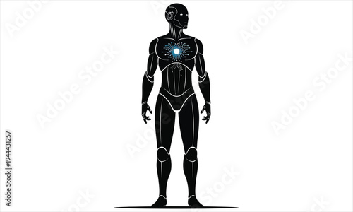 A futuristic robot with glowing blue circuits on its chest standing alone