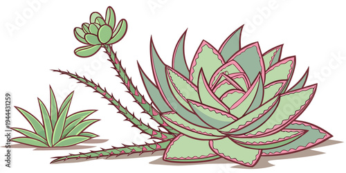 Two green succulent plants with pink outlines succulents cartoon