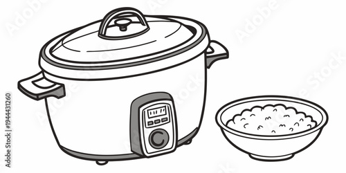 Rice cooker and bowl of rice line simple minimalistic white background