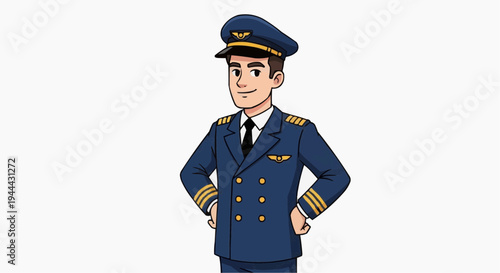 A illustration of a pilot in a blue uniform with gold accents