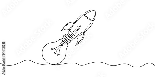 Single continuous line drawing of smart bright light bulb take off flying to the space logo label. Rocket bulb company icon label concept. Modern one line draw graphic design vector illustration