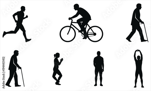 Collection of various people exercising and engaging in physical activities in different poses