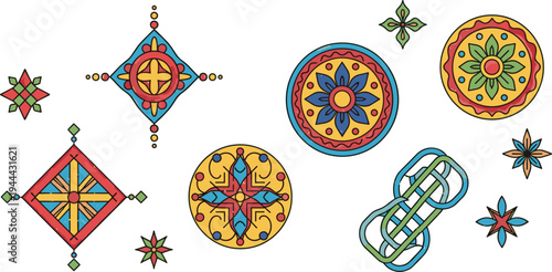 Colorful Islamic geometric ornaments and arabesque motifs collection traditional decorative mandala shapes and decorative elements flat vector illustration set