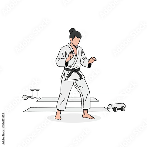 Female martial artist in white gi with black belt illustration