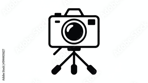 Simple black and white illustration of a camera on a tripod