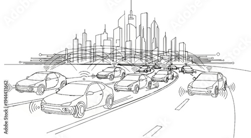 Futuristic city with a network of connected, autonomous vehicles on the road