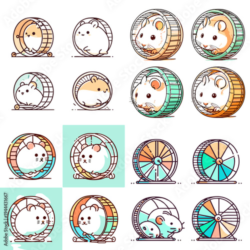 Hamster wheel illustrations featuring cute hamsters in various poses  