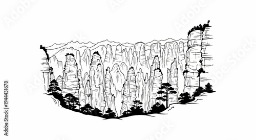Ink sketch of towering, jagged mountains with trees and distant peaks