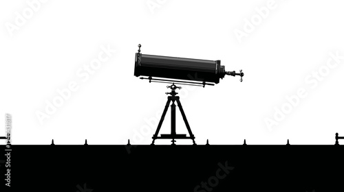 A grayscale illustration of a large telescope on a tripod, set against a white backdrop