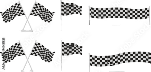 Vector illustration set of checkered racing flags and finish line banners with waving effect isolated on white background for auto racing competition sports success and achievement design concepts.