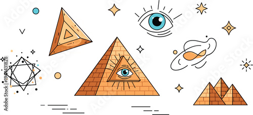 All seeing eye pyramid mystical symbols sacred geometry occult icons spiritual cartoon flat vector illustration collection