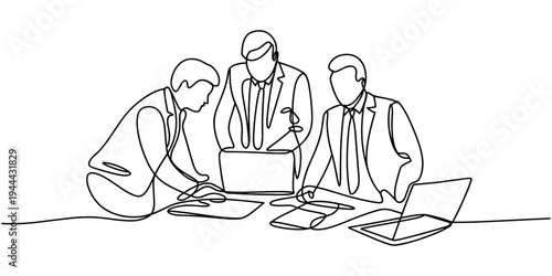 One continuous line business team meeting illustration with people sitting at desks working on laptops, minimalist line art teamwork concept.