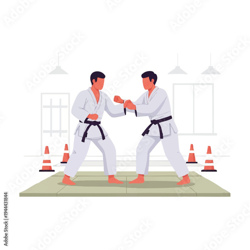 Two Men Sparring in Martial Arts Dojo Illustration