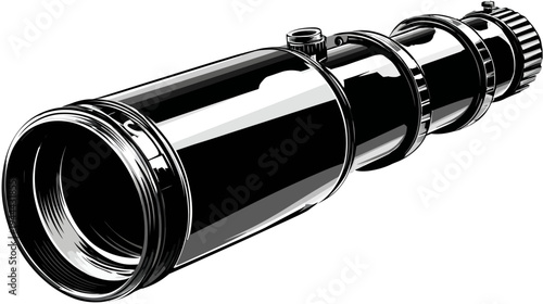 An optical instrument with glossy metallic body, used for viewing distant objects