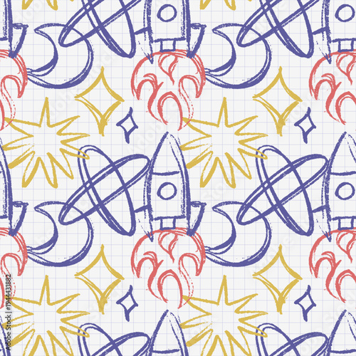 Space seamless pattern on grid paper. Hand drawn rough pencil sketch with rocket, planet, star and moon. Messy doodle scribble background texture for kids wallpaper, school notebook and wrapping.