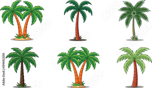 Palm tree collection with tropical coconut trees isolated botanical nature elements summer beach landscape flat vector illustration set