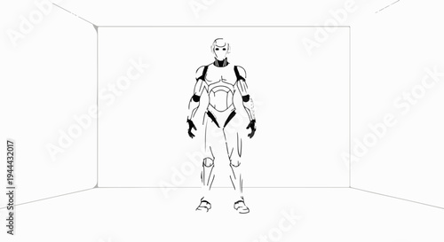 Futuristic robotic figure with armored suit, depicted in stark outline