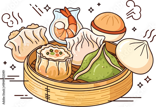 Assorted dim sum dumplings in bamboo steamer basket traditional Chinese cuisine appetizer collection cartoon flat vector illustration