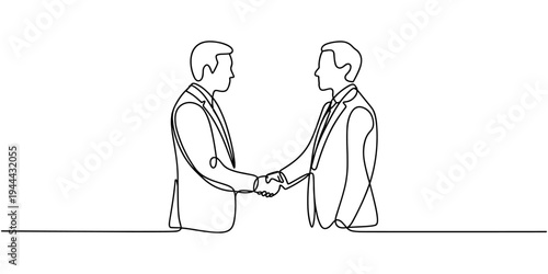 Continuous line drawing of business handshake between caucasian male and female adults. No editable stroke