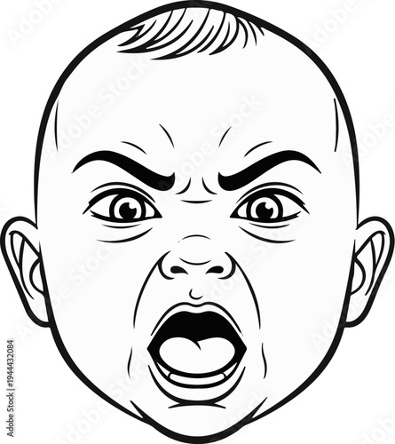 Intense monochrome drawing of an angry baby's face with wide-open mouth and furrowed brow