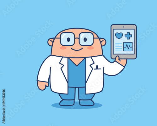 Cartoon doctor with medical app on tablet.