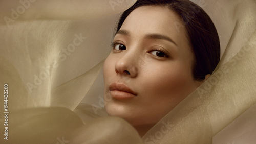 Foto Beauty portrait of Korean woman surrounded by translucent beige silk fabric